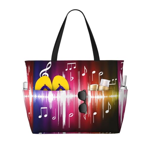 Sac de plage imprimé note de musique pour femme : grand sac fourre-tout à bandoulière en toile avec poignées