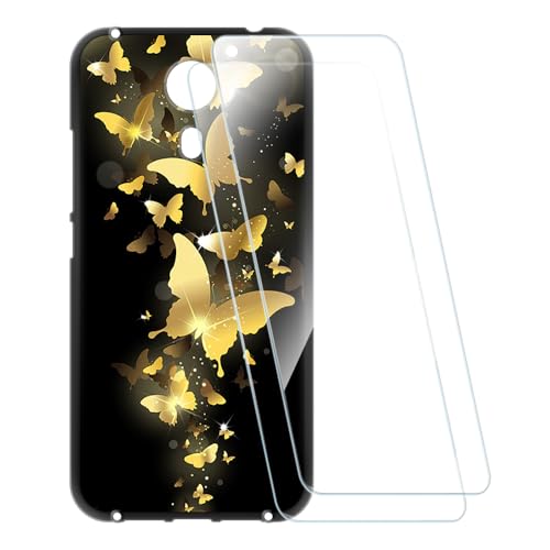 ESACMOT Bedruckte Hülle + 2 Glas Schutzfolie Kompatibel mit Umidigi Plus, Stoßfeste Weiche Cover & HD Klare Tempered Glass Folie (Schmetterling)
