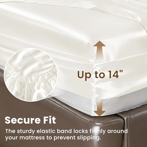 Image of Love's cabin Full Size Satin Sheet Sets - 4 Piece Ivory Silky Sheet Set Full with Deep Pocket, Luxury Silk Feel Bed Sheets Full Bedding Set (1 Flat Sheet,1 Fitted Sheet,2 Pillow Cases)