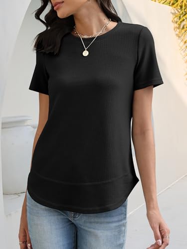 Image of ANRABESS Womens Waffle Knit Tops Short Sleeve Crewneck Shirts Curved Hem Summer Dressy Casual Blouses Spring Fashion Clothing