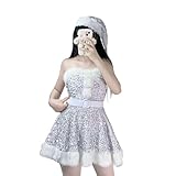 [Diki Home] サンタ クリスマス サンタ コスチューム, スパンコール ドレス, プリンセススタイル, 豪華6点セット (ドレス・チョーカー・ベルト・網タイツ・帽子・シール), レッド&ピンク&シルバー, パーティー イベント用 (シルバー, L)