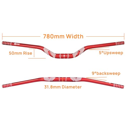 FIFTY-FIFTY Mountain Bike Riser Handlebar, Aluminum Alloy MTB Handlebar, 31.8mm Diameter, 780mm Wide Bicycle Bar (Red, 50mm Rise)