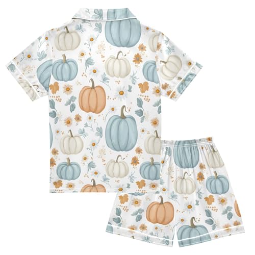 Fall Pastel Pumpkins Daisy Flower Pajamas Set Soft Satin Pjs Sets 2 Piece Short Sleeve Sleepwear Casual Loungewear2