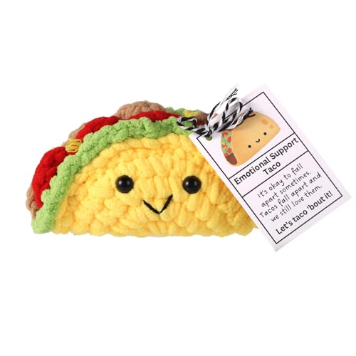 A handmade crochet taco stuffed with tiny positive affirmations — absurd, wholesome, and oddly specific in the best white-elephant way.