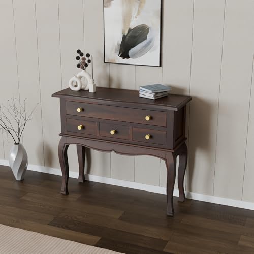 Image of WOODY Furniture Solid Wood Console Table for Living Room | Wooden Side Entrance Table for Home with 4 Drawers & Shelf Storage | Console Table for Bedroom (Walnut Finish)
