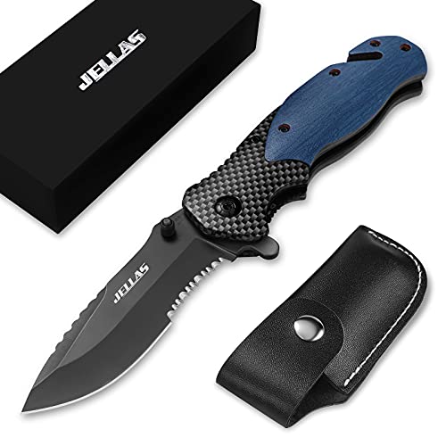 Pocket Knife with 3.54 inch 9Cr18MoV Blade, Titanium Coated Folding Knives, Liner Lock, Utility Outdoor Knife with Clip, Seatbelt Cutter for Camping Hunting Fishing, G10 Handle, Blue