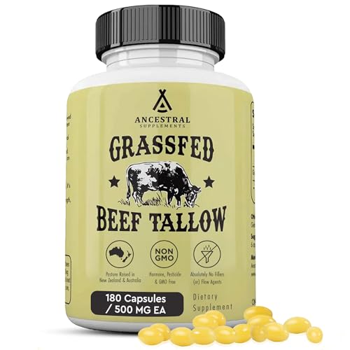 Ancestral Supplements Grass Fed Beef Tallow Capsules 3000mg Nourishing Kidney Fat Supplement Supports Bones Teeth Gums Skin Immune and Overall Health Non-GMO 180 Capsules