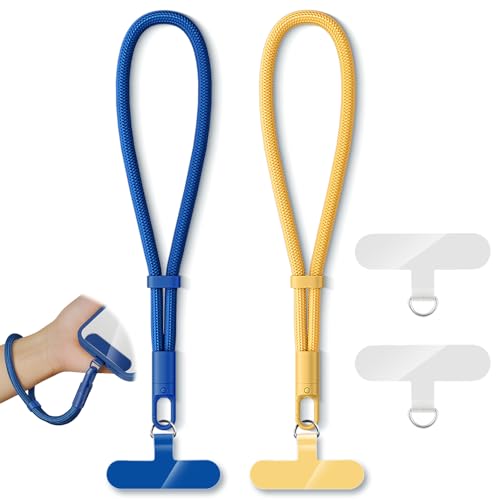 KITANIS 2 Pack Phone Lanyard,2×Phone Wrist Strap,4×Tether Tabs,Universal Cell Phone Multifuctional Patch Polyester Lanyards,Cell Phone Hand Strap for Women and Men(blue+yellow)