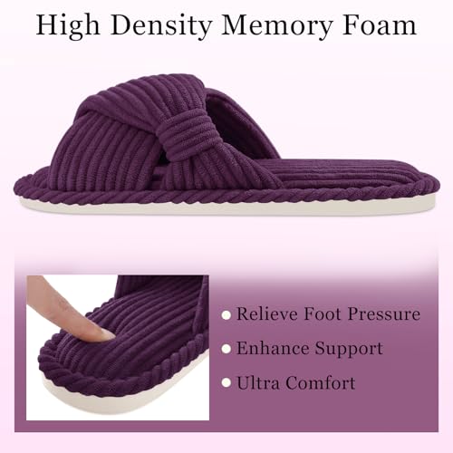 Image of Evshine Summer House Slippers for Women Corduroy Cross Bow Indoor Slippers Open Toe Slip On Bedroom Shoes with Memory Foam
