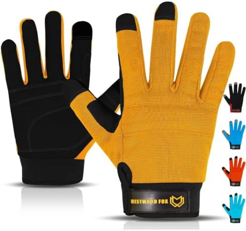 WESTWOOD FOX Leichte Arbeitshandschuhe, Herren Damen Multifunktionale Arbeitshandschuhe mit Handflächenschutz Gartenarbeit Bauarbeitshandschuhe Touchscreen Strapazierfähige (Gelb,
