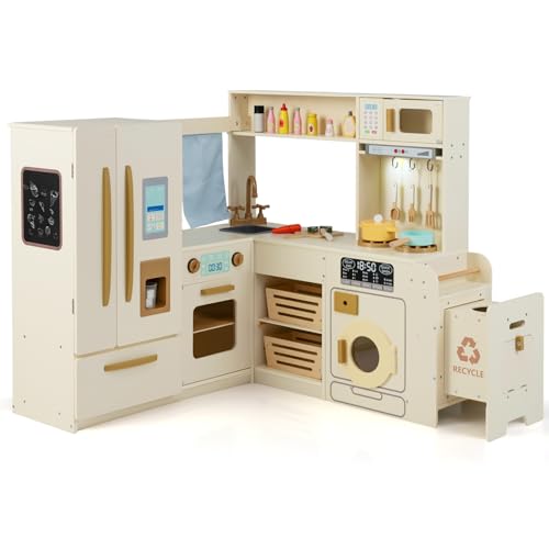 COSTWAY Cuisine d'angle en Bois Enfant avec Lumières & Sons, Jeu de Cuisine Enfant avec Réfrigérateur & Poubelle & Machine à Glaçons & Micro-Ondes, 22...