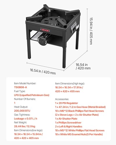 Image of VEVOR Single Burner Outdoor Propane Gas Stove, 200,000 BTU Propane LPG Gas Camping Stove, Heavy Duty Carbon Steel Outdoor Cooker, with Shield & 20 PSI Regulator, for BBQ Camp Home Patio Seafood Boil