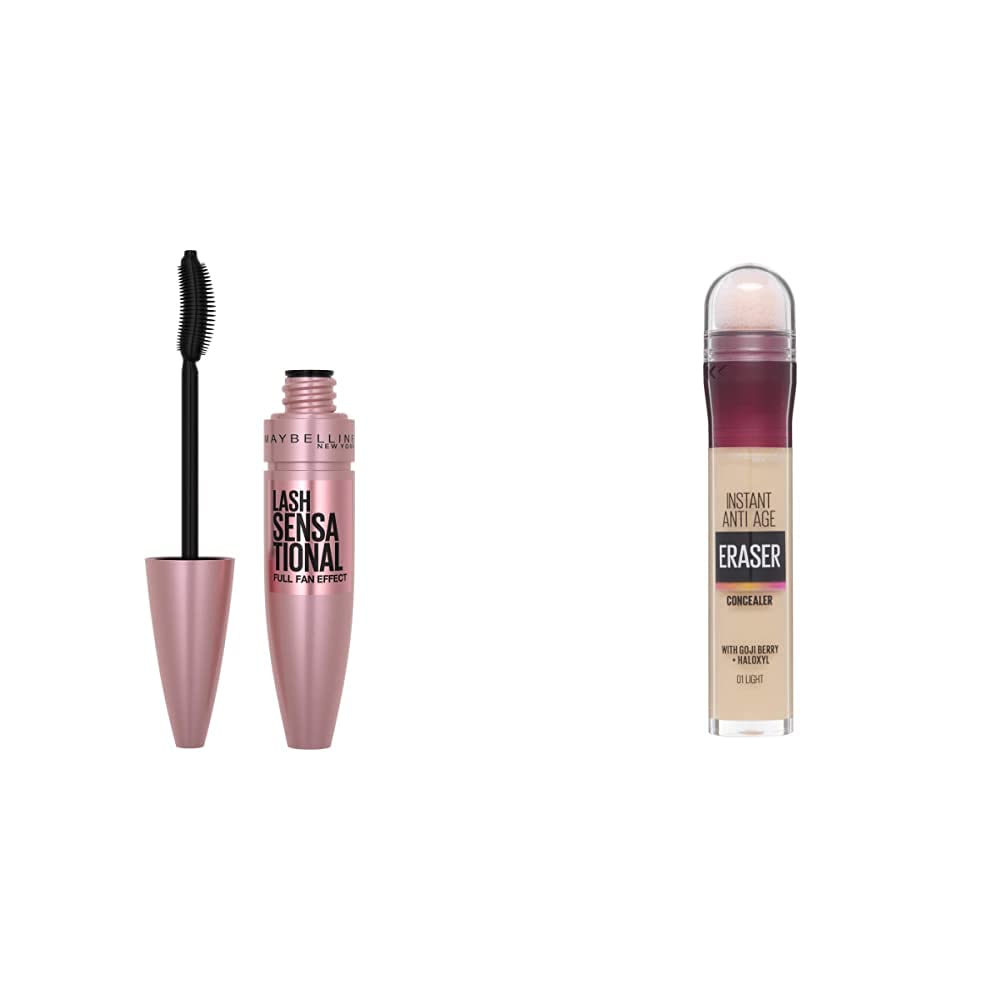 Maybelline New York Instant Anti Age Eraser Kapatıcı, 01 Light, 6.8 ml + Maybelline New York Lash Sensational Yelpaze Etkili Siyah Maskara 1 Paket (1 x 9.5 ml)
