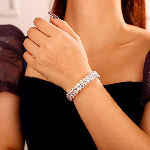 Xerling Full Crystal Iridescent Rhinestones Bracelets for Women Silver Layered Hand Chain Bracelets Bridal Wedding Hand Jewelry (AB Crystal-2 Row)3