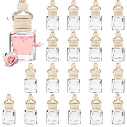20 Pcs Car Diffuser Bottle Set with Wooden Caps,Dropper and Funnel, Empty Glass Car Air Freshener Bottle Bulk Hanging Essential Oil Fragrance Pendants for Car Decor，Can DIY Car Air Freshners Diffuser