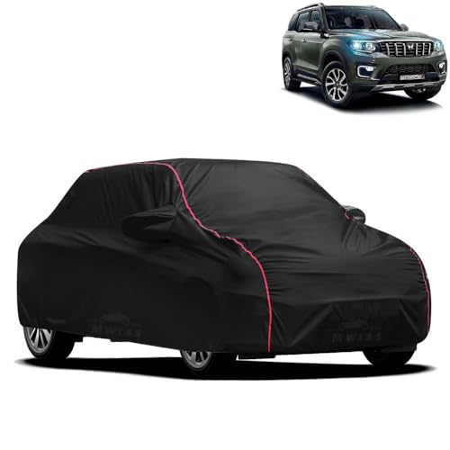 Image of Waterproof Car Cover for Mahindra Scorpio N | All-Weather Protection, Dustproof & UV Resistant | Triple Stitched Mirror Pockets, Windproof Buckle Strap with Elastic Hem, Black-Red Piping