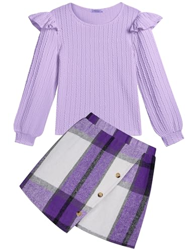 Arshiner Mädchen Bekleidungssets Kinder Langarmshirt mit Kariert Rock Set Herbst Winter Freizeit Mode Elegantes Zweiteilig Outfits für Mädchen 8-9 Jahre 130