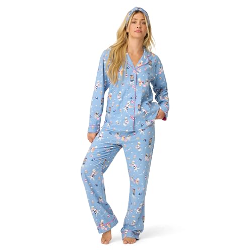 P.J. Salvage Women's Cotton Flannel Long-Sleeve Top, Pant and Headband 3-Piece Pajama Set, Denim, Small