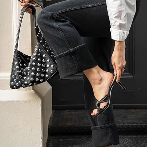 Women Leather Shouder Purse Y2k Rivet Bag Rivet Studded Black Clutch Purse Pleated Studded Handbag4