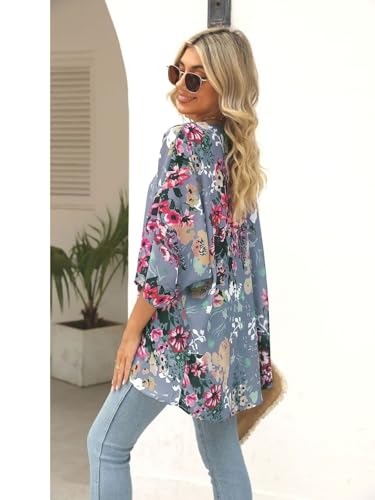 Women's Kimono Cover Up Floral Print 3/4 Sleeve Lightweight Cardigan Loose Casual Summer Blouse Beach Tops