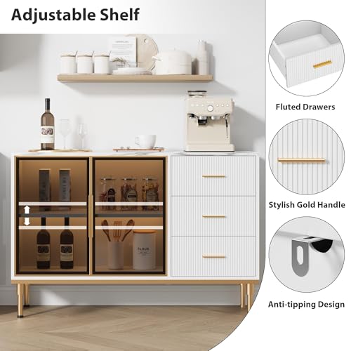GAOMON Buffet Sideboard Cabinet with Storage, 46.4" Large Fluted Kitchen Sideboard Cabinet with 2 Glass Doors 3 Drawers and Shelves, Faux Marble Top Buffet Table for Dining Room, Living Room, White
