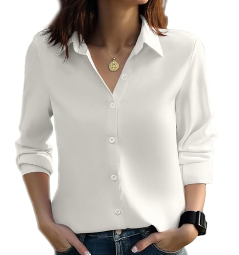 HOTOUCH Button Down Shirt Women Casual Blouse Office Boyfriend Long Sleeve Tops