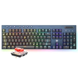 Hexgears x Hyeku – Teclado inalámbrico de tamaño completo con rueda de volumen, teclado para juegos de perfil bajo con retroiluminación RGB + tira de luz ambiental, interruptor rojo lineal para Win