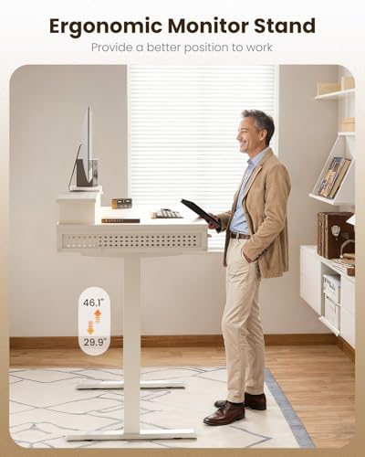 Image of OffiGo Electric Standing Desk with 3 Wooden Drawers, 48 Inch Height Adjustable Desk with Power Outlets & LED Lights, White Sit Stand Table with Monitor Stand for Home, Office, Workstation