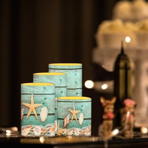 Image of Flameless Light Candles Battery Operated Candles with Color Changing Timer Remote Control Fake Pillar Candle Tealights Home Indoor Beach Coastal Decoration, Starfish Shell Wood Grain