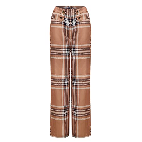 Pants For Women Fashion Plaid Print Dress Pant Elegant Slim Fit Straight Button Casual Suit Pants Pencil Trousers Brown #TOP4