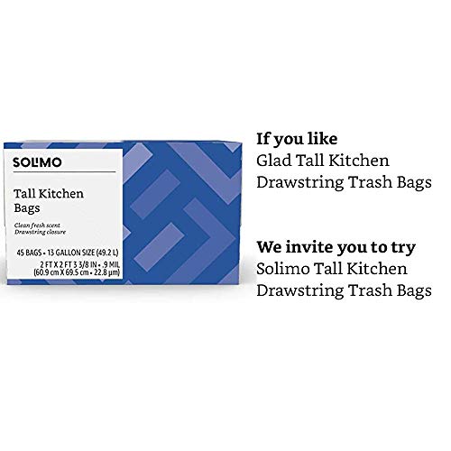 Amazon Brand - Solimo Tall Kitchen Drawstring Trash Bags, Clean Fresh Scent, 13 Gallon, 45 Count