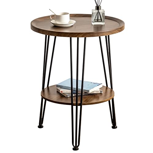 Hollyhome Accent 2-Tier Round End Table With Wooden Top, Under Couch Modern Coffee Table With Metal Frame, Indoor&Outdoor Sofa Side Table For Living Room, Bedroom, Patio, 19.7"X19.7"X24.61", Walnut #TOP11