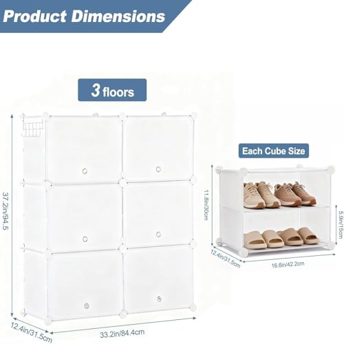 Image of DUMOS 6-Tier Shoe Storage Cabinet with Door, Stackable, 24 Pairs, White | Dust-proof door with airflow holes, fits closets, entryways, hallways & bedrooms, waterproof PP panels, side hooks included