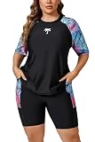 Halcurt Womens Plus Size Short Sleeve Swimsuit Rash Guard with Bra Two Piece Boyleg Shorts Palm 3X