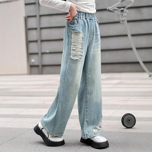Ripped Straight Jeans for Youth Girls Distressed Washed Elastic High Waist Denim Pants Teen Girls Stylish Loose Trousers2