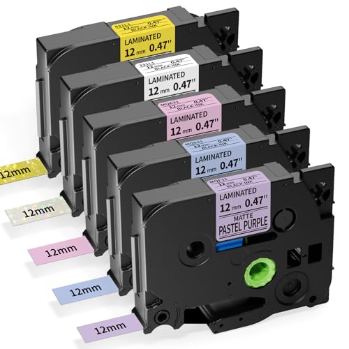 Aken Compatible with Brother Label Printer Tape P touch TZe 12mm 0.47 Label Tape, Use for PT-1000 PT-H200 PT-H100R H110 D210 D400 Black on Glitter White/Yellow, Pastel Purple/Pink/Blue Labeller Tape