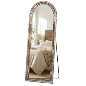 63″x21″ Arched Solid Wood Full Length Floor Mirror, Whitewashed Rustic Farmhouse Body Mirror with Stand, Triple-Layer Frame for Bedroom & Entryway