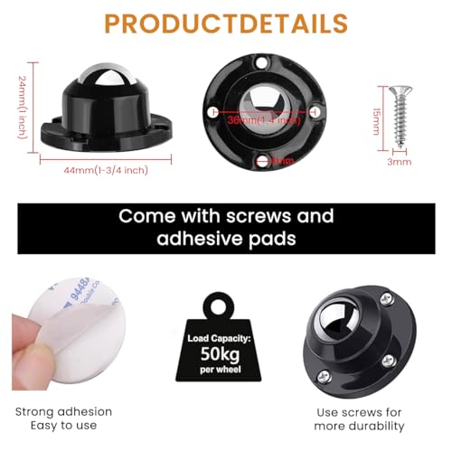Image of HASTHIP 4pcs Caster Wheel Self Adhesive Caster Wheel 360 Swivel Wheels for Furniture, Small Appliance, DIY Modification Moving Table Heavy Duty Caster Wheels 200Kg Loading Capacity, Black