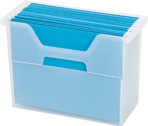 Image of IRIS USA Medium Portable Desktop File Box with Open Top, Side Handles, Hanging File Folders, Tabs & Inserts, Letter Size, For Magazines Newspapers Mail Books Notebooks Binder Homework, Clear