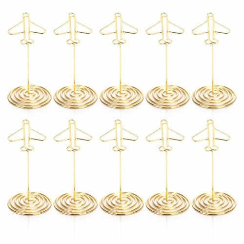 10PCS Tischnummerhalter, goldener Flugzeughalter mit süßer Karte Fotoclips Base Metal Message Clips Tischnummer steht für Party Hochzeit