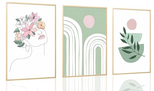 JWDXNOOK 3Pcs Abstract Minimalist Wall Art Green Plant & Abstract Line Female Floral Posters Wall Decor Soft Green Pink Boho Canvas paintings prints for Bedroom Living Room decoration Unframed
