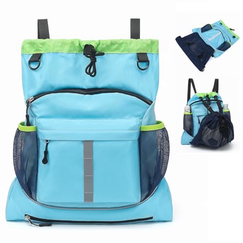 Drawstring Backpack, Waterproof Sandproof Beach Backpack for Sport Gear Small Gym Bag with Hidden Ball Net Pocket and Seperated Wet Pocket Draw String Back Bag for Women Men, Blue