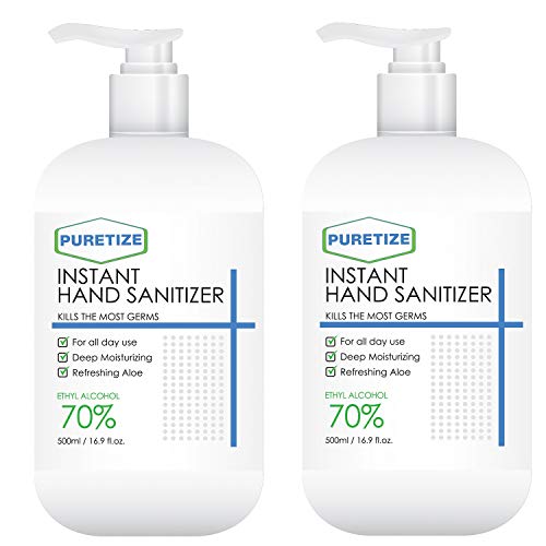 2-Pack Puretize 16.9 Oz Hand Sanitizing Gel w/Pump Tops - Extra Strength 70% Ethyl Alcohol - Moisturizing Formula with Aloe Vera, Vitamin E & Botanical Extracts - Quick Drying Formula