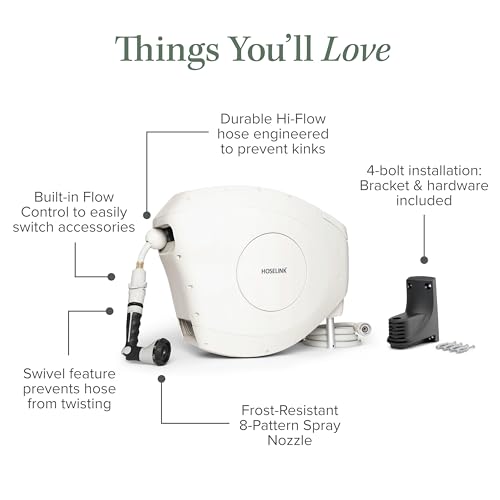 HOSELINK Beige 50ft Hi-Flow Automatic Retractable Garden Hose Reel, 9/16”, 8-Pattern Spray Nozzle, UV-Stabilized Kink-Free Hose, Wall Mounted Complete Watering Solution for Backyard, Garden & Outdoor