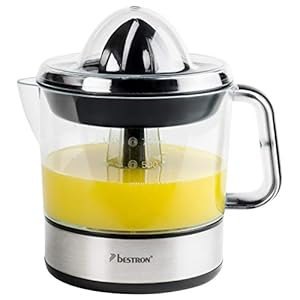 Bestron elektrische Zitrus- & Orangenpresse, inkl. 2 Presskegel und Aromadeckel, Motor mit zwei Drehrichtungen (links/rechts), Füllmenge: 0.7 Liter, 40 Watt, Farbe: Silber, ACJ350Z