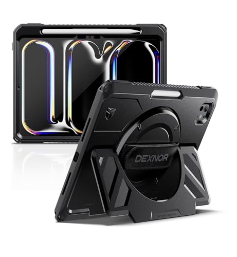 Dexnor Funda para iPad Pro de 11 pulgadas 2024 (M4) con protector de pantalla y soporte para bolígrafo [correa de mano giratoria de 360 grados y soporte], funda resistente a prueba de golpes para iPad