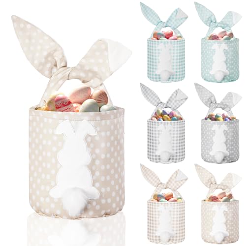 Image of Cosblank 6 Pcs Bunny Canvas Bags Rabbit Print Basket with Foldable Ears Candy Goodie Bunny Tote Gift Bag for Birthday Party Decorations Supplies(Vivid Color,Plaid and Dot)