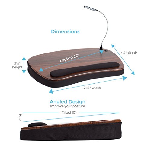 Sofia + Sam Oversized Lap Desk with Memory Foam Cushion | Detachable USB Light | Fits Laptops Up to 20\" | Brown and Black | Computer Lap Tray | Laptop and Writing | Bed Table