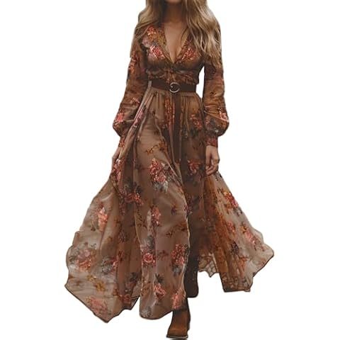 XUSAI Caramel,L,Women's Flower Long Dress Long Sleeve V-Neck Vintage Western Country Maxi Chiffon Dress Fall Casual Flowy Dress Cover