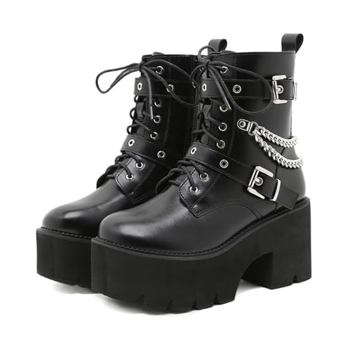 Platform Ankle Boots for Women Round Toe Side Zipper Goth Ankle Booties Chain Chunky Platform Combat Boots